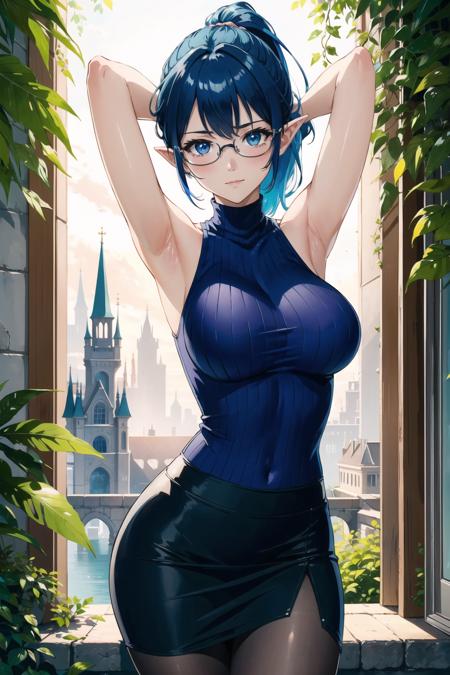 (masterpiece:1.0), (best quality:1.0), volumetric lighting, illustration, 1girl, beautiful woman, (mature female:1.3), symmetry, mesmerizing eyes, critical angle,
blue hair, ponytail, (shiny skin:1.0), (pencil skirt, vest, sleeveless turtleneck:1.0), pointy ears, ribbed, impossible clothes, glasses,
(confident:1.1), (large breasts:1.0),
looking at viewer, tree, (strong seductive expressions, blush:1.0), highres, arms up, adjusting hair, light smile,
fantasy, sunlight, castle, ivy, plant, pantyhose