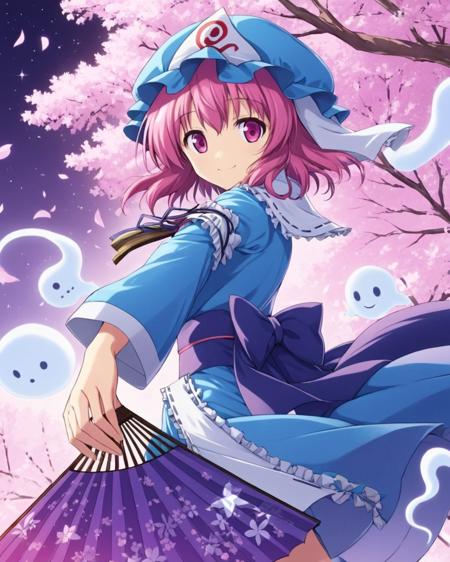 saigyouji yuyuko,1girl, solo, hat, smile, japanese_clothes, folding_fan, ghost, cherry_blossoms, triangular_headpiece, hitodama, petals
<lora:saigyouji_yuyuko_image6716_2023-12-14:1>,star-shaped_pupils,symbol-shaped_pupils,. gorgeous,key visual, vibrant, studio anime,award-winning, professional, highly detailed,high budget, cinemascope