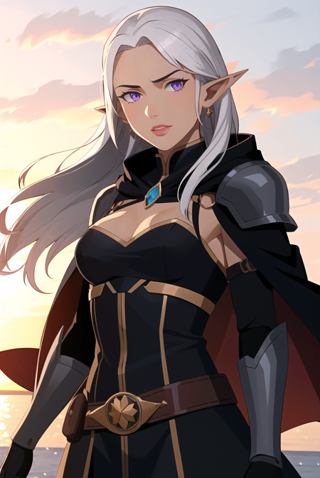 1girl, black coat, silver details, hood, between breasts, white hair, purple eyes, breasts, black cape,circlet, earrings, elf, forehead jewel, gloves, jewelry, lips, long hair, long pointy ears, looking at viewer, medium breasts, multiple belts, portrait, pauldrons, pointy ears, sheath, shoulder armor, solo, strap between breasts, wind, outdoors
, ((masterpiece))
<lora:western_animation_style:1.1>