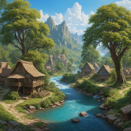 a beautiful and highly detailed painting of a woven willow elven town in a forest, a river, blue clear sky, epic scale, insanely complex, hyperdetailed, sharp focus, hyperrealism, artstation, deviantart, 4K, 8K, 