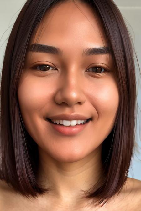 1Girl , Hyper Realistic portrait, 30yo, beautiful face, high cheek bone, puffy face, smile , dark bob straight hair, bare shoulder , tan skin , photorealistic
