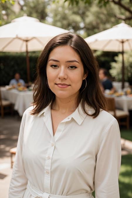 RAW photo of megboone,Shirtdress at Outdoor Brunch, (high detailed skin:1.2), 8k uhd, dslr, soft lighting, high quality, film grain, Fujifilm XT3,  <lora:megboone:1>