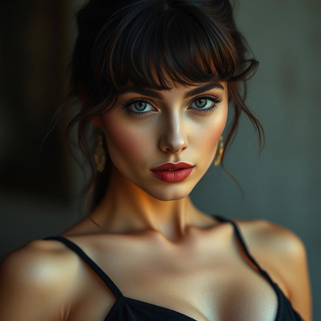 high fashion portrait of a beautiful busty woman with a large focus on the eyes.