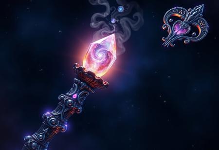 ornate staff, glowing with cosmic energy, intricate carvings along the length, radiating celestial light, a floating crystal at the tip, swirling galaxies and stars within the crystal, dark wooden core entwined with silver vines, pulsating with astral power, soft radiant glow, deep blue and purple hues, photorealism, high resolution, ((masterpiece)), soft glowing runes engraved along the staff, misty cosmic vapor swirling around the top, cosmic energy radiating from the staff, divine and powerful, ancient and revered, enchanted with celestial magic