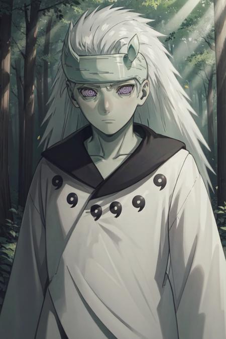 Madara, masterpiece, best quality, pale skin, long hair, gray hair, white tunic, black collar, black gloves, black legwear, headband, black balls, purple eyes, upper body, looking away, forest, outdoors, dappled sunlight, day, falling leaves, expressionless, bored <lora:Madara_Six_Paths:1>,