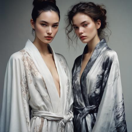 raw photo, a couple of women standing next to each other, black-white skintight robes, loish and wlop, wlop and andrei riabovitchev, wlop and sakimichan, two models in the frame, 2b, inspired by Hedi Xandt, 2 b, wlop and ross tran, open v chest clothes, She designs in a sophisticated atelier, filled with luxurious fabrics, mannequins draped in haute couture, and a sketchbook filled with future fashion creations,Realism,flat chests, barefoot,Hyper-Realistic,Skin Textures,Shadows & Highlights,Lighting Effects,Perspective,Depth Of Field,Background Details,Artists like Zhang Daqian,Gerhard Richter,Chuck Close,Jonas Burgert,Jenny Saville,Francis Bacon,Lucian Freud, high quality, medium format, film grain, Fuji Provia 400, intricate detail, detailed skin, detailed hair, perfect eyes, catchlights, sharp eyes, expressive eyes, perfect hands, feminine hands, (((cinematic angle))), sharp focus,  volumetric lighting, cinematic framing, low angle, grainy, vignette, vintage,
