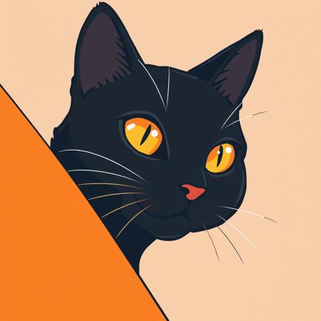 A close-up minimalist illustration of a black cat with striking yellow-orange eyes peeking from behind an orange wall. The artwork features smooth, clean lines and a subtle texture, emphasizing the cat's playful expression.