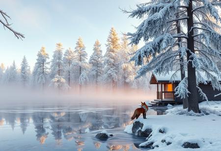 Frozen lake's glassy surface mirrors the frosty trees' delicate rime ice, their branches sparkling like diamonds in soft morning light. Snow-encrusted pines stretch towards the pale blue sky, their limbs etched in crystalline clarity. The wooden cabin's windows warm against the cold, while mist rising from the lake creates an otherworldly haze. A single red fox stands at the edge of the ice, its fur a vivid contrast to the frosty surroundings. Snow-crystals glisten like microscopic jewels on tree branches and surrounding rocks. Hyper-realistic lighting captures the serene atmosphere, inviting exploration of this peaceful winter wonderland.