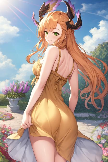 masterpiece, absurdres, perfect anatomy, 1girl, solo, Tweyen, green eyes, long hair, head wings, from behind, sundress, yellow sundress, garden, day, sunshine, smile, looking back