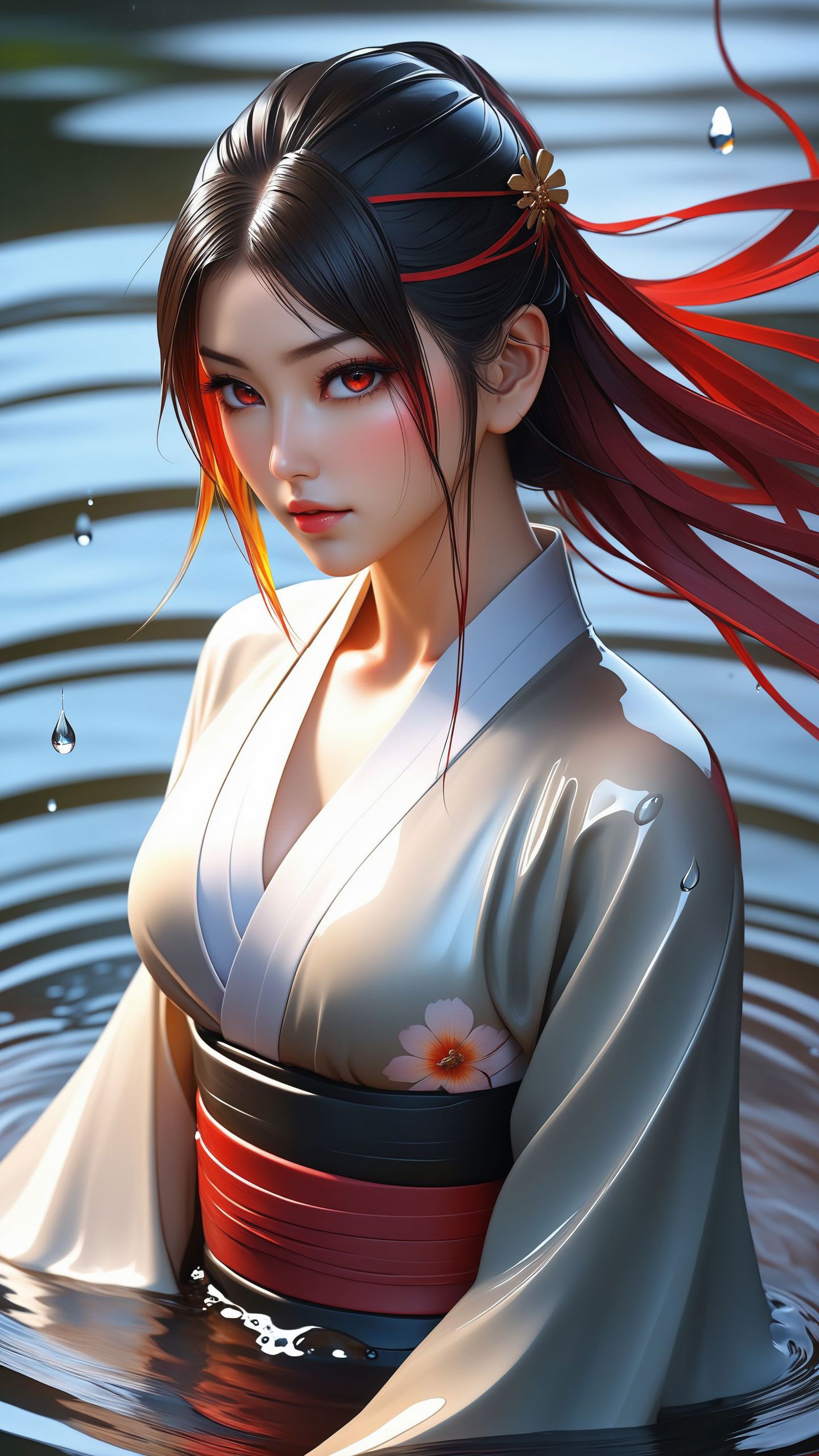 Anime girl with red hair and flowers on her dress posing in water.