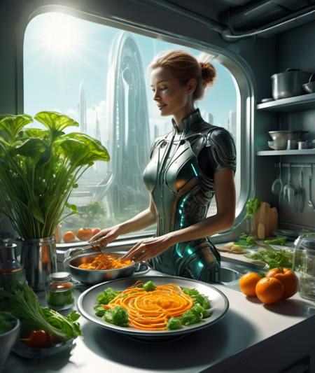 , <lora:DonMG414XL:1> ,scifi, tech, futuristic,        A highly detailed mother in her kitchen preparing meal, window sunny day, happy, smiling,