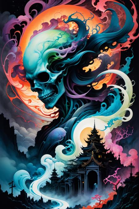 spectral figure, tendrils of ghostly essence curling around it, with a demonic aura, interpreted in the signature styles of Kentaro Miura, blending inked shadows with surreal, vibrant landscapes, detailed line work, flowing forms, contrasting colors, eerie atmosphere, digital painting, octane rendering,   <lora:DreamARTSDXL:1>, <lora:xl_more_art-full_v1:0.7>