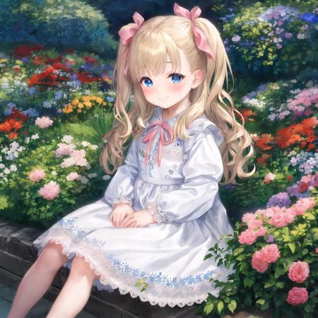 <lora:sar:0.3> srs masterpiece best quality ultra-detailed finely detail highres ((little female child)) two side up long blonde hair pink ribbon white dress lace-trimmed embroidery long sleeves blush embarrassed smile blue eyes sitting on side english floral garden