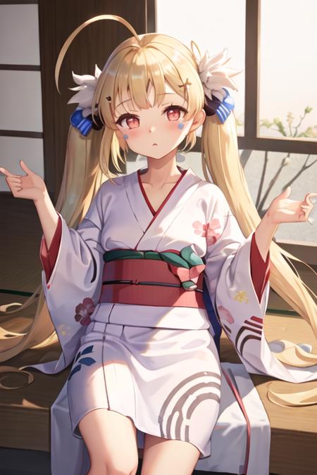 best quality, masterpiece, highres, solo, {yukata:1.40}, {kimono:1.20}, {eldridge_azurlane:1.15}, blonde_hair, hair_ornament, ahoge, long_hair, bangs, blush, twintails, facial_mark, red_eyes, very_long_hair, hairclip, breasts, small_breasts