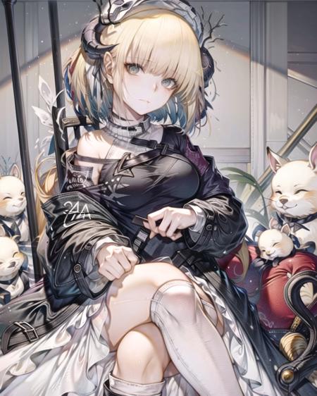 1girl,cowboy shot,sitting,chair,crossed legs, white horn,jeans,t-shirt <lora:Nightingale Arknights:1>   <lora:Artist Hitoimim-01:1>