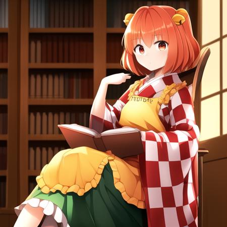 masterpiece, best quality,motoori kosuzu, touhou, orange hair,red eyes,short hair,bell headdress,red and white kimono,green long skirt,yellow apron,study,sitting on the chair,sitting behind the desk,books,lamp, <lora:kosuzu-000004:0.8>