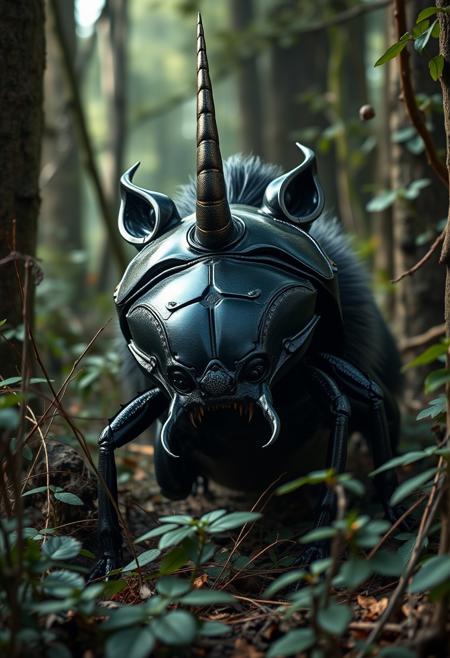 Capture a hyper-realistic photograph of a powerful creature, a beetle with the armored body and horn of a unicorn, combined with the sleek, cunning face and bushy tail of a fox. The beetle’s body is dark and glossy, with a large, curved horn at the front, while its face has sharp, fox-like features, and its tail is thick and furred. The scene is set in a dense, ancient forest, with the creature emerging from the undergrowth, its horn glinting in the dappled light.