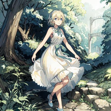 Yonah_Nier, 1girl, solo,short hair, blonde hair, dress, ribbon,shoes, sleeveless, white dress, sleeveless dress,blue eyes