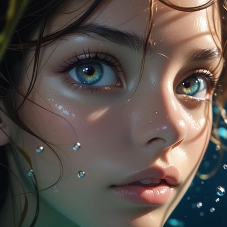 Extreme close-up professional underwater scene focusing on her face. (A woman, fanciful and beautiful underwater). Pure face complexion, radiant features. Beautiful, very detailed expressive eyes. A single water level. Photorealistic, natural ambient lighting, intricate details, 35mm photography, film, professional, 4K visuals, highly detailed, elegant, studio quality.