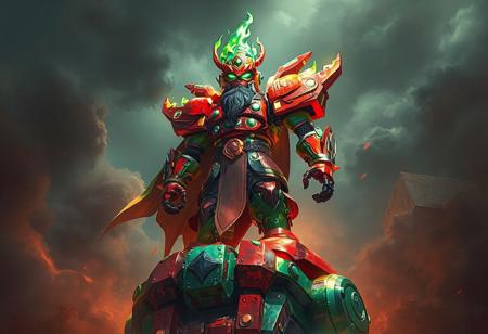 In the center of the image, a dynamic Machine King stands on a , vibrantly painted in red and green. The Machine King, with a large head and smaller body, is adorned with a green flame helmet and cape, suggesting movement against the Spiritual Energy Settle Machine background. The Machine King's vivid colors and epic detailed, including a super detailed face, eyes, and clothes, create a focal point in the image. The various elements, including sharp lines, brush strokes, stunning and harmonious colors, and multi-colored, contemporary aesthetics, contribute to a beautiful matte painting with impeccable composition and creative angles. The image is a high-quality, 4K illustration with captivating lighting, dynamic action poses, vivid emotions, and a powerful message, trending on ArtstationHQ. The golden ratio is used in the design, creating a stunning and well-timed moment with intricate detail using tools such as Octane Render, Unreal Engine 5, Raphael Style, Houdini Style, After Effects, Maya, and Photoshop.