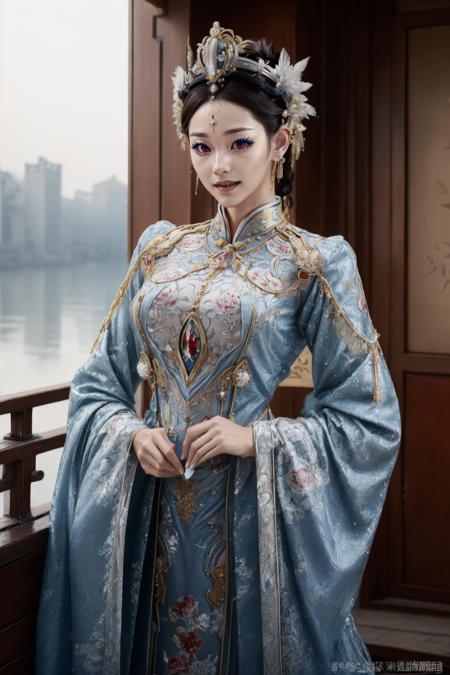 ace lighting,bright backlight,super high resolution,best quality,Photos,4k,Classic Moment,SLR camera shooting, The affectionate look will bring the audience,(8k, best quality, masterpiece:1.2), (realistic, photo-realistic:1.2), (Gorgeous costumes:1.2),outdoor, China Jiangnan water town style, (cloud),zshs, [Nanami Hachiro] as beautiful supermodel in a red and blue dress and a crown,<lora:zshs-10:0.8>, extremely prefect face, extremely prefect red eyes:1.2, extremely prefect lips,extremely prefect nose,extremely prefect ears,(smiling:1.0),(PureErosFace_V1:0.3),(naturally sagging enormous breasts:1.1),(Kpop idol makeup), upper body, <lora:add_detail:0.4>  <lora:KeitaAmemiya:0.7>