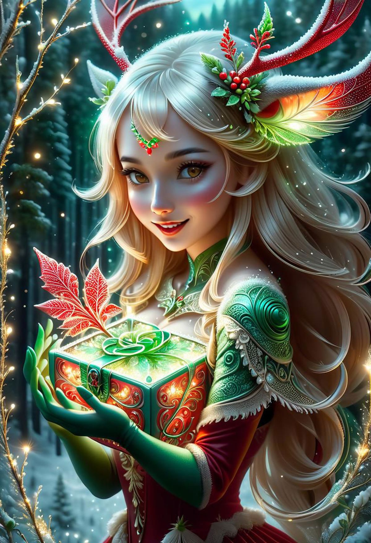 A pretty elf girl with blonde hair holding a gift box with a green leaf on the top.