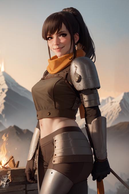 (masterpiece, best quality:1.2), <lora:style_themaestronoob-10:1>, cowboy shot, solo, 1girl, smile, closed mouth, ponytail, yellow eyes, armor, scarf, mountains, flames, flags, campfire