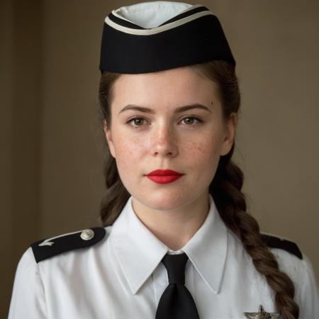 cinematic film still of cinematic film still of  <lora:Cinematic ww2 style:1>
1940's, 1940, ww2, world war 2, second world war, a ww2 woman in a military uniform with a hat on cinematic ww2 style, 1girl, solo, long hair, brown hair, shirt, hat, brown eyes, white shirt, upper body, braid, necktie, uniform, lips, military, military uniform, white headwear, portrait, black necktie, freckles, military hat, realistic, sailor hat, red lips , vintage, classic, cinematic, dramatic, photography, documentary, shallow depth of field, vignette, highly detailed, high budget, bokeh, cinemascope, moody, epic, gorgeous, film grain, grainy