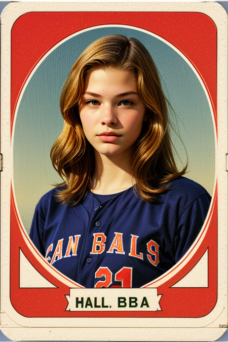 KateKraaijeveld, ((1girl)), solo, early 1900s ((baseball card:1.2)), 1911 American Tobacco Company T206, 160mm f/8, 1/10s, ISO 25, ((tintype, portrait, full color, gradient)), vintage baseball uniform, ((geometric halftone background))