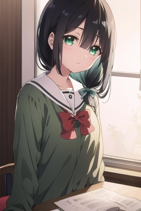 mimoritougou, <lyco:mimoritougou-lyco-nochekaiser:1>,
mimori tougou, long hair, (black hair:1.5), (green eyes:1.5),
BREAK skirt, long sleeves, school uniform, bow, bowtie, serafuku, red bow, cardigan,
BREAK looking at viewer,
BREAK indoors, classroom,
BREAK <lora:GoodHands-vanilla:1>, (masterpiece:1.2), best quality, high resolution, unity 8k wallpaper, (illustration:0.8), (beautiful detailed eyes:1.6), extremely detailed face, perfect lighting, extremely detailed CG, (perfect hands, perfect anatomy),