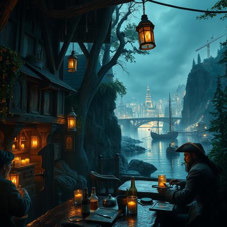 view from below, (masterpiece hyperrealisitic, medium format camera shot, fantasy oil painting, concept art 8k, high quality, detailing, textures)  Imagine a spooky atmospheric perfect fantasy tavern  with happy perfect hyperrealisitic pirates drinking beer, with cozy candle light, rain reflections, by the river, ( in the background a large fantasy hyperrealisitic bustling port town city metropolis sprawls), nestled between a verdant, ancient forest, encircled by cliffs and city bridges across the river used for logging, taking it to the perfect pirate ships and the crashing waves of the vast, unexplored ocean.