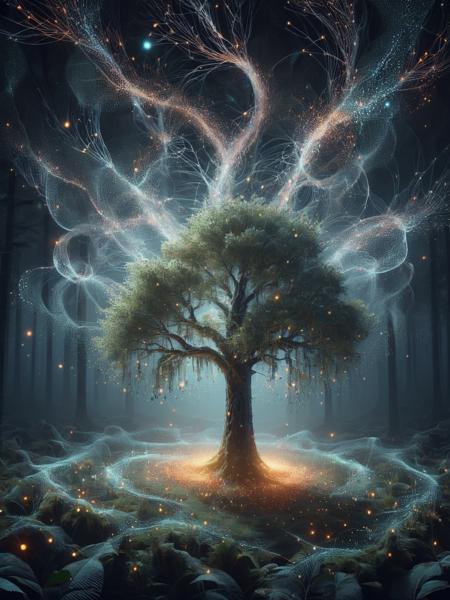 An ancient, wise tree in a mystical forest, its leaves shimmering with ais-particlez that float gently to the ground. <lora:Particles_Style_SDXL:1>