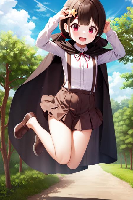 masterpiece, best_quality, 1girl, solo, komekko, suspender skirt, cape, jumping, <lora:komekko_v1:0.8>