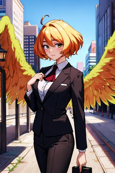 masterpiece, best quality, eldri, yellow wings, tuxedo, ascot, business, black pants, city, cowboy shot, looking at viewer <lora:eldri-nvwls-v1-000009:1>