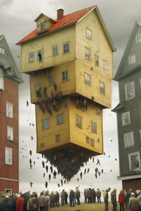 <lora:Erik Johansson Style:1>Erik Johansson Style - Erik Johansson photo of upside down house defying gravity full of windows doors and stairs, surrounded by people defying gravity, scifi movie directed by Emil Melmoth Beksinski Alexander McQueen Jean-Pierre Jeunet Gareth Pugh Almodovar Wes Anderson Giger Jodorowsky Villeneuve, visual paradoxes, impossible perspectives, spooky, nightmarish, surrealism, sharp, insanely detailed, oppressive atmosphere, cinematic, 8K, 4K, UHD