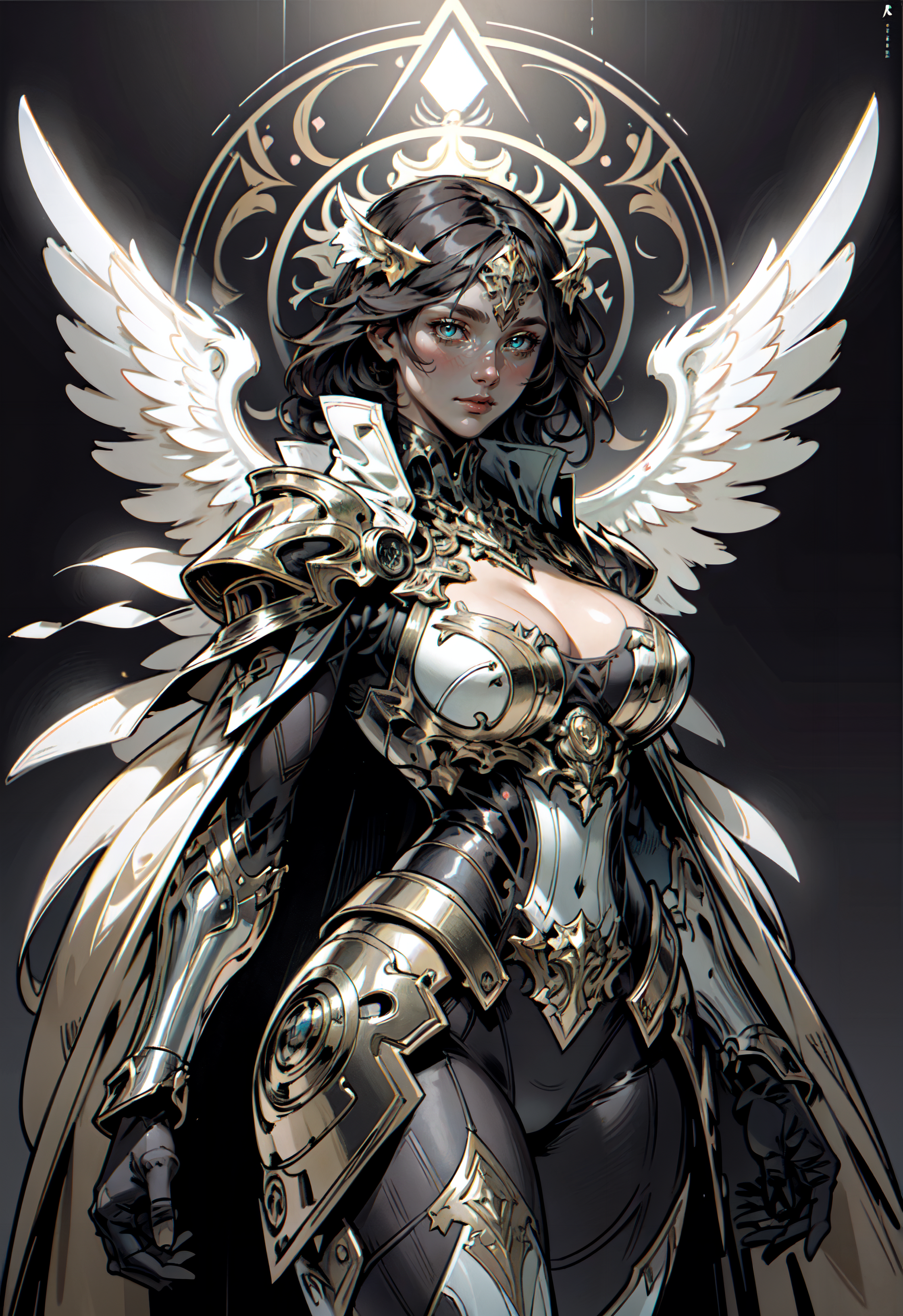 Anime style illustration of a woman with wings as an angel, wearing a white and gold outfit.