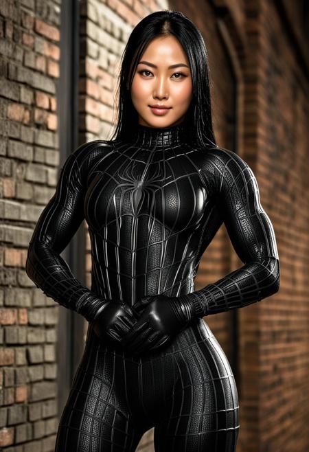 score_9, score_8_up, score_7_up, best quality, realistic, masterpiece, beautiful detail, hyperrealistic, gym, ((1girl, woman body, huge breasts)), amazing detailed full body portrait of a beautiful japanese girl, wearing a realistic and highly detailed black raimi spider-man suit, ((huge muscular girl)), professional model wears ultra - detailed and grained black raimi spider - man suit, suit covered entire body and hand, black spiderman gloves, wet, (full body), (workout pose), sweet smile, black hair, octane render, highly detailed, volumetric, dramatic lighting, (highest quality:1.1), (HDR:1.3), (top quality, best quality), realistic, high definition, Expressionism - sharp focus, professional photography, masterpiece, ultra detailed photograph, high quality, 8k,