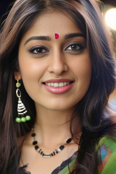 glamour photo of a icruz woman, in black sleeveless kameez and green dupatta, happy, close up, at night, city light bokeh, Canon 5Diii,  looking at camera, perfect facial features, crooked teeth  <lora:icruz_sdxl_LoRA-000004:1>