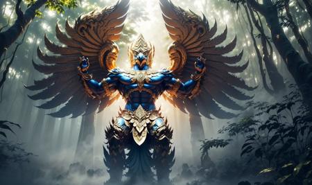 masterpiece,highly detail(phayakrut king garuda,Giant Wing,Gold black,Thai art,Thai traditional armor warrior,THai antigod,Suriyothai:1.3){best quality},, super huge GARUDA solo, very detail,(Forest,stream,fog,mist,deep jungle,horror theme,chiaroscuro:1.2)
<lora:phayakrut3216_100:0.85>,unity,cinematic lighting
(extremely detail CG unity 8k wallpaper:1.1)(masterpiece),(best quality:1.1),realistic,style of master anime,perfect perspective,intricate detail