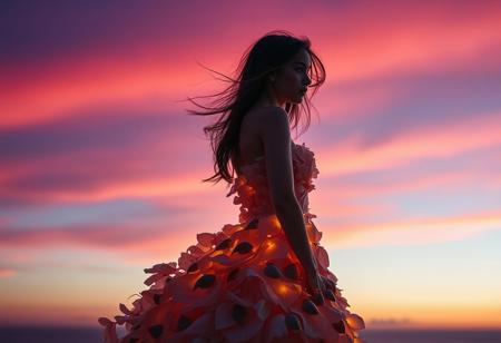 A surreal image of a young woman standing on a cliff at twilight, her gown made of glowing, wind-swept petals and sea shells. Her hair flows freely in the wind, and her eyes are focused on the distant horizon. The sky behind her is painted with vibrant hues of pink and purple, fading into the starry night.