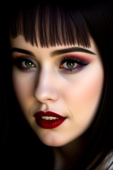 Romanian vampire girl, 23 years old, (beautiful:1.75), (very pale skin:1.35), (gothic makeup:0.99), (Red Lipstick:1), (black hair), (anime:0.35), (oval face:0.25), (Halloween), (night), (front view:1.25), (elegant), 10 minutes before the world will end, (back light),  hyper-realistic, (ultra-detailed:1), (insanely detailed:1), 4k, realistic 8k, shot on portra 400, masterpiece