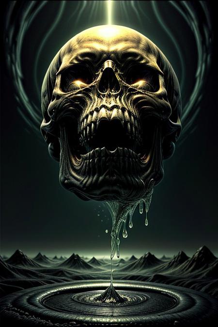 A close-up photorealistic image of a crystal-like floating skull facing dynamic view with its mouth open, pouring from it's mouth a shimmering liquid resembling the universe onto the ground, filled with rich stars and swirling galaxies. A simple void background enhances the dark atmosphere, shrouded in fog, capturing the hypnotic flow and shimmer of the cosmic liquid, evil demon,