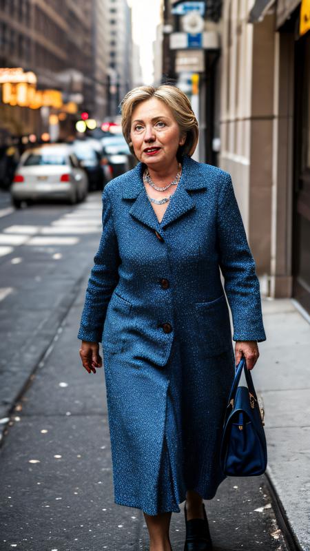 Hillary Clinton, European old woman as a very poor woman, beggar, ragged clothes, begging in New York, walking in a very dirty street, dirty city, crying in pain, whole body, full body in frame, detailed background, highly detailed face, extremely detailed, high quality, best quality, looking at viewer