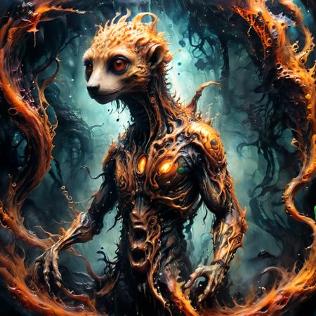 (masterpiece, best quality, ultra-detailed), a spiral shaped futuristic steampunk fantasy cyberpunk darkorange Meerkat man alien monstrosity thing, in a space forest city, swirling ink, dark background, ab0m, fenliexl, mixed media, surrealism, Faetastic, perfect composition, intricate detail, dark atmosphere