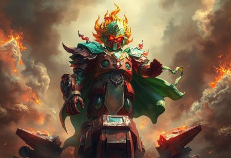 In the center of the image, a dynamic Machine King stands on a , vibrantly painted in red and green. The Machine King, with a large head and smaller body, is adorned with a green flame helmet and cape, suggesting movement against the Spiritual Energy Settle Machine background. The Machine King's vivid colors and epic detailed, including a super detailed face, eyes, and clothes, create a focal point in the image. The various elements, including sharp lines, brush strokes, stunning and harmonious colors, and multi-colored, contemporary aesthetics, contribute to a beautiful matte painting with impeccable composition and creative angles. The image is a high-quality, 4K illustration with captivating lighting, dynamic action poses, vivid emotions, and a powerful message, trending on ArtstationHQ. The golden ratio is used in the design, creating a stunning and well-timed moment with intricate detail using tools such as Octane Render, Unreal Engine 5, Raphael Style, Houdini Style, After Effects, Maya, and Photoshop.