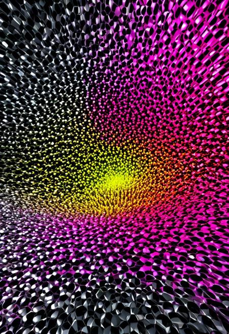 (best quality), (UHQ, high resolution),create 3d rendering abstract image, pink, yellow, silver and black colors prevaile,various dynamic catatonic elements