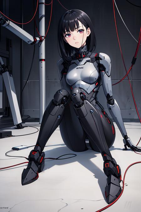 1girl, beautiful face, pale skin, black_hair, medium hair, robotic body, full body, sitting, wires, robotic legs, robotics arms, robotic body, robotic hands, futiristic, robotic, mechanical, armored, sitting, expressionless face, damaged robotic body, black_robotic_body, alone, (wires), straight leg,