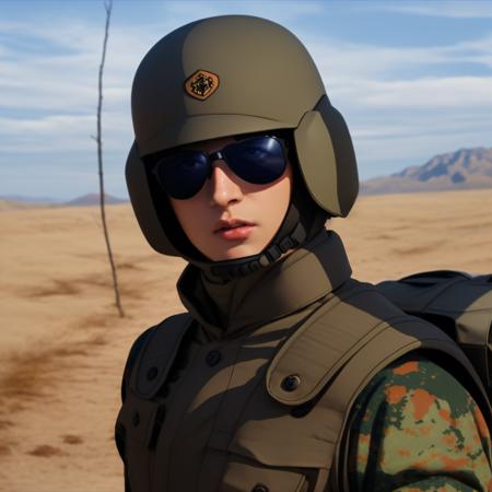 photorealistic, cinematic, <lora:zeon soldier aam:0.8>, zeon soldier, sunglasses, helmet