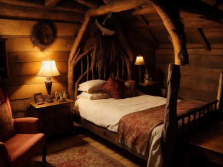 <lyco:witch house_v2.0:1> witch house, bedroom, rustic, sharp, amazing, bokeh, canon dslr, realistic, full room view