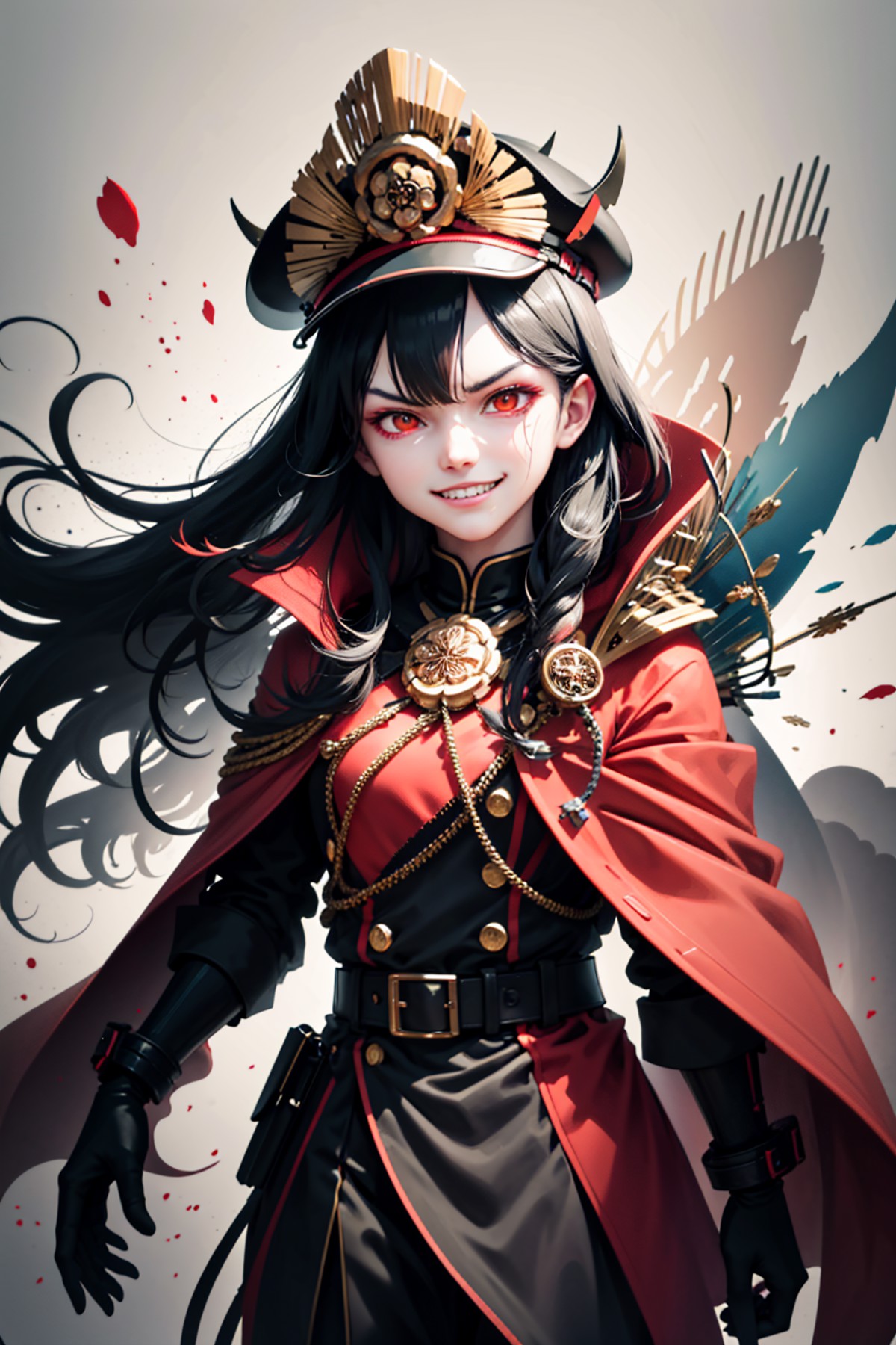 (detailed face and eyes:1.3),
<lora:oda-10:1>,oda_smoll,hat,cape,red eyes,military uniform,black hair, (evil smile:1.4), (...
